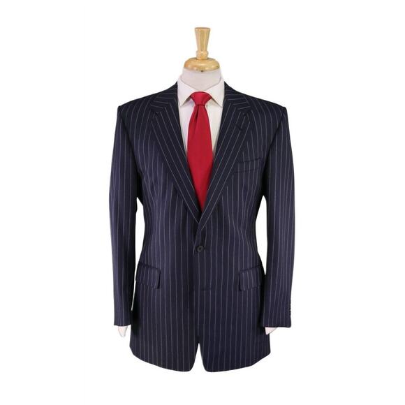 English Tailoring Savile Row Bespoke Navy Blue Chalkstripe 2-Btn Wool Suit 42R - Picture 1 of 9